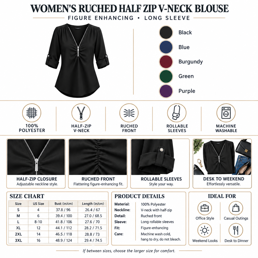 White-background half-zip blouse infographic