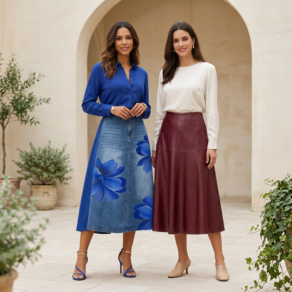 Women’s Skirts collection with models in an elegant courtyard
