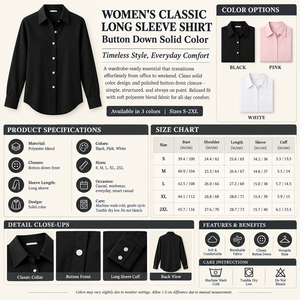 Women's Classic Long Sleeve Button Down Shirt Infographic - No Model