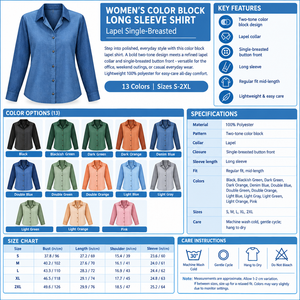 Women's Color Block Long Sleeve Shirt Infographic - No Model