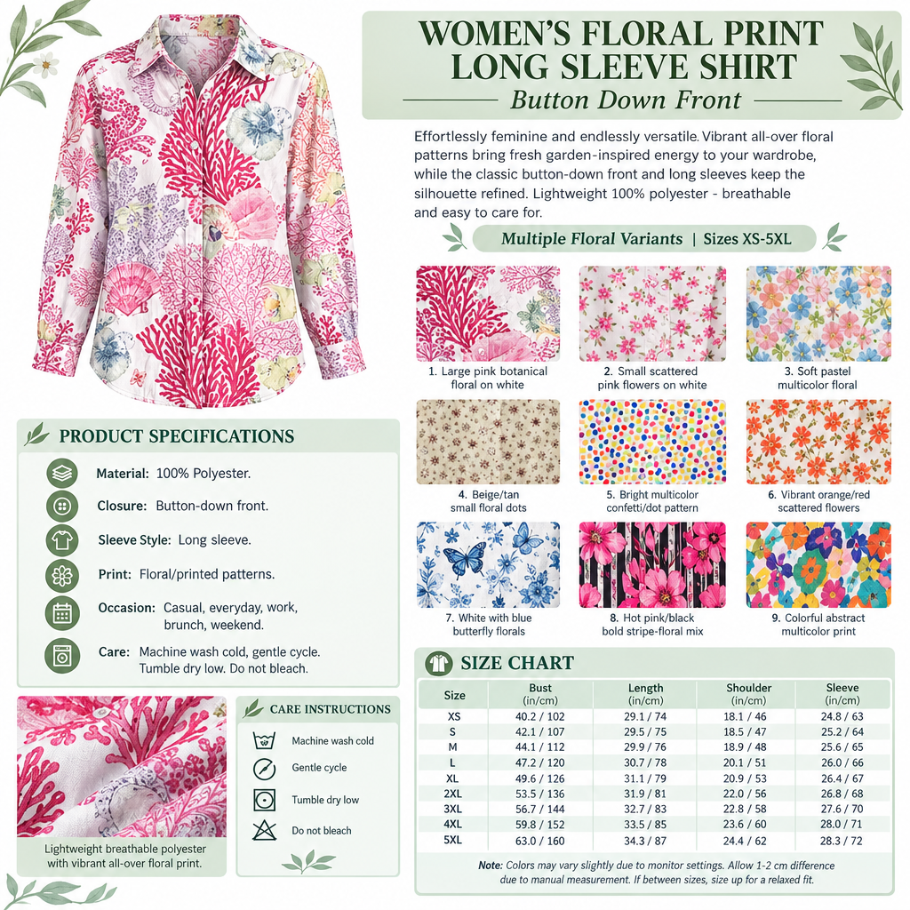 Women's Floral Print Long Sleeve Shirt Infographic - No Model