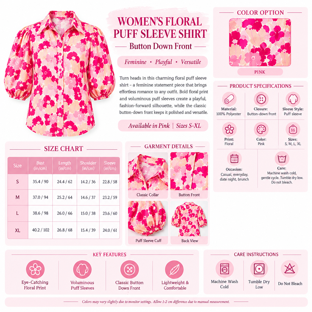 Women's Floral Puff Sleeve Shirt Infographic - No Model