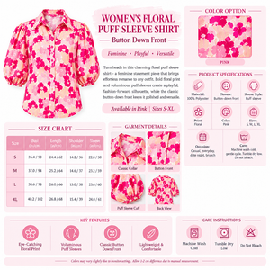 Women's Floral Puff Sleeve Shirt Infographic - No Model