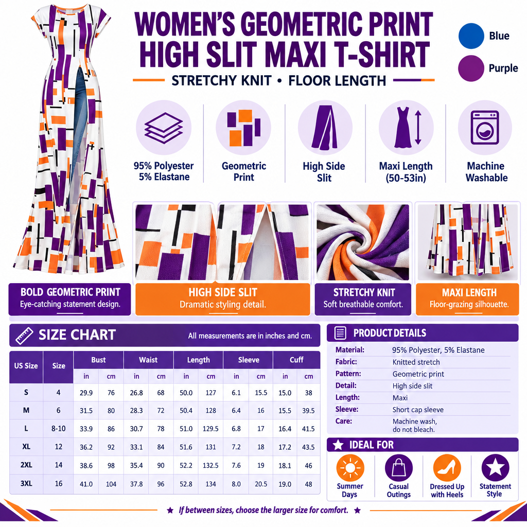 Women's Geometric Print Maxi T-Shirt Infographic
