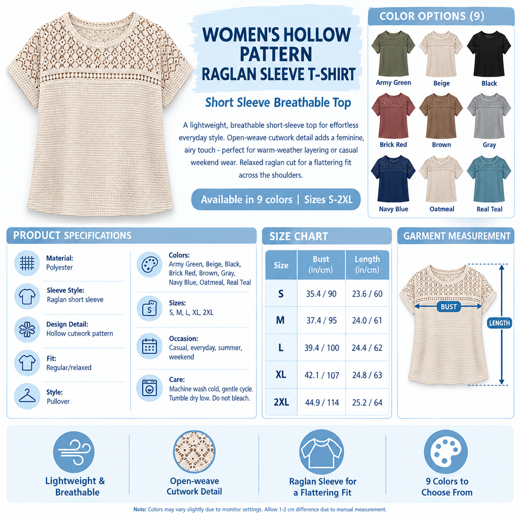 Women's Hollow Pattern Raglan T-Shirt Infographic - No Model