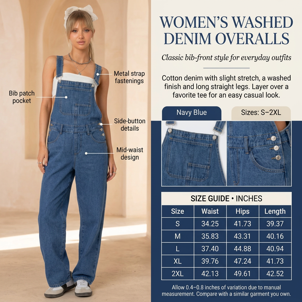 Women's Navy Blue denim overalls infographic with a female model