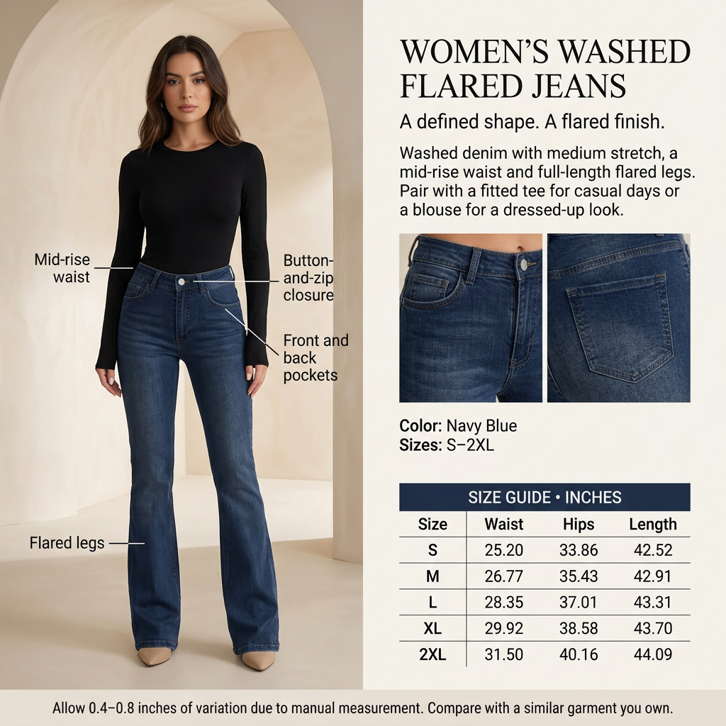 Women's Navy Blue flared jeans infographic with a female model and inches-only size chart