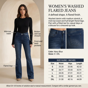 Women's Navy Blue flared jeans infographic with a female model and inches-only size chart