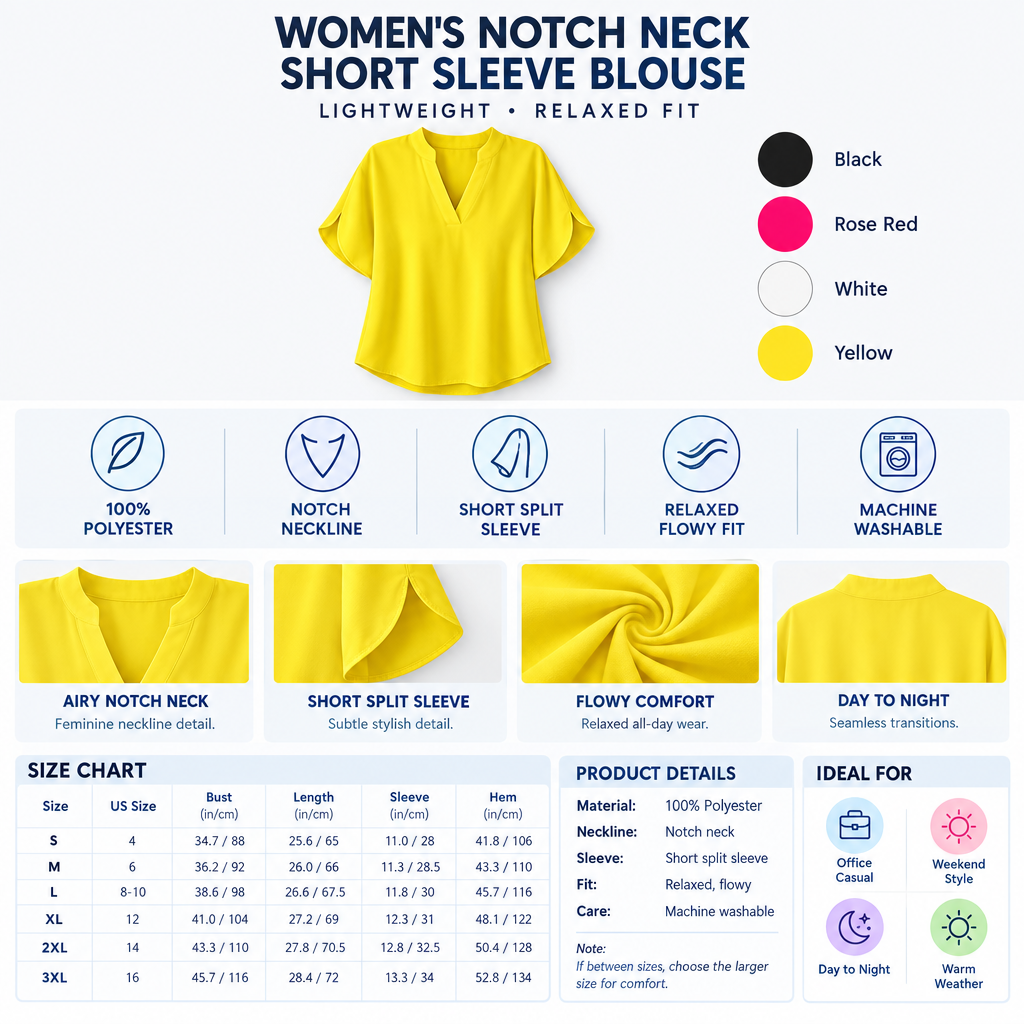 Women's Notch Neck Short Sleeve Blouse Infographic