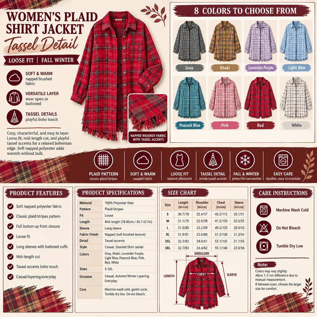 Women's Plaid Shirt Jacket Infographic - No Model