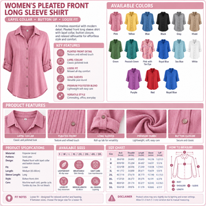 Women's Pleated Front Long Sleeve Shirt Infographic - No Model