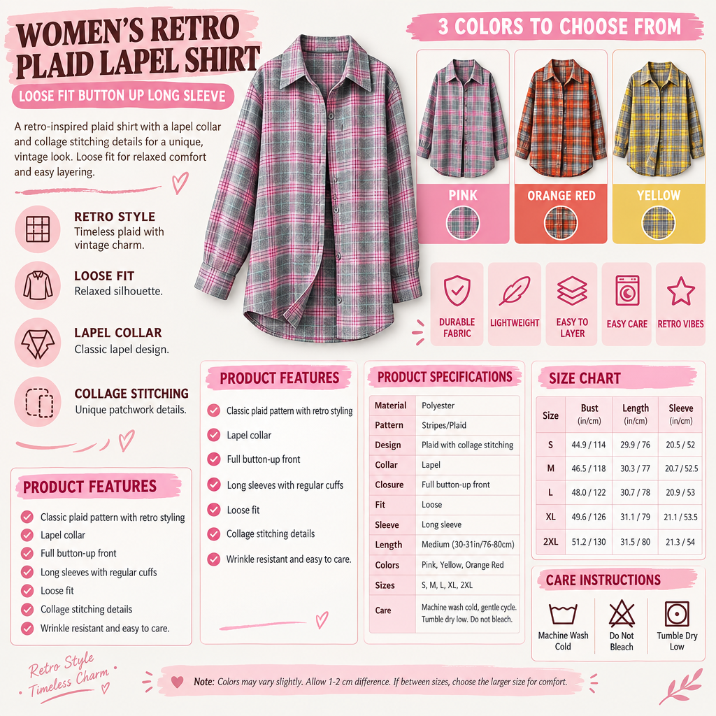 Women's Retro Plaid Lapel Shirt Infographic - No Model