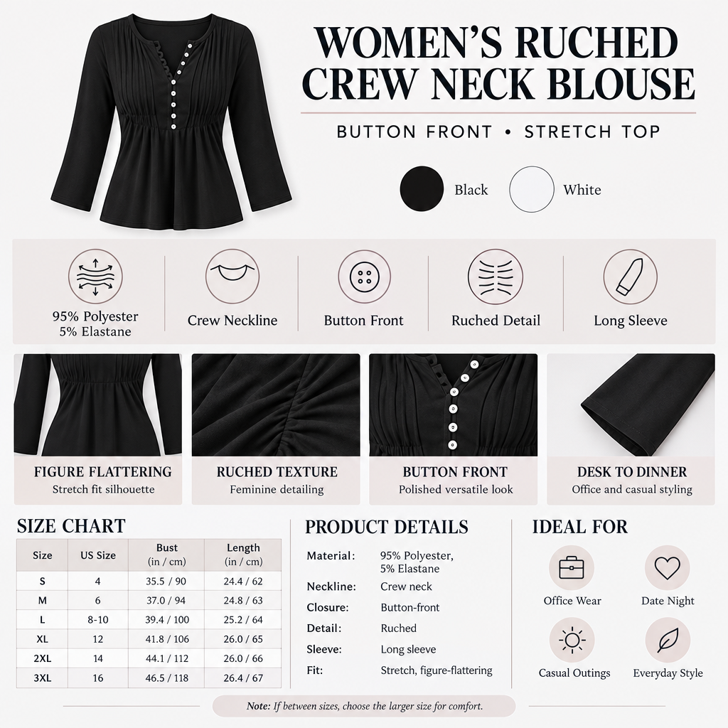 Women's Ruched Crew Neck Blouse Infographic