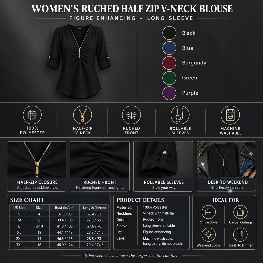 Women's Ruched Half Zip V-Neck Blouse Infographic