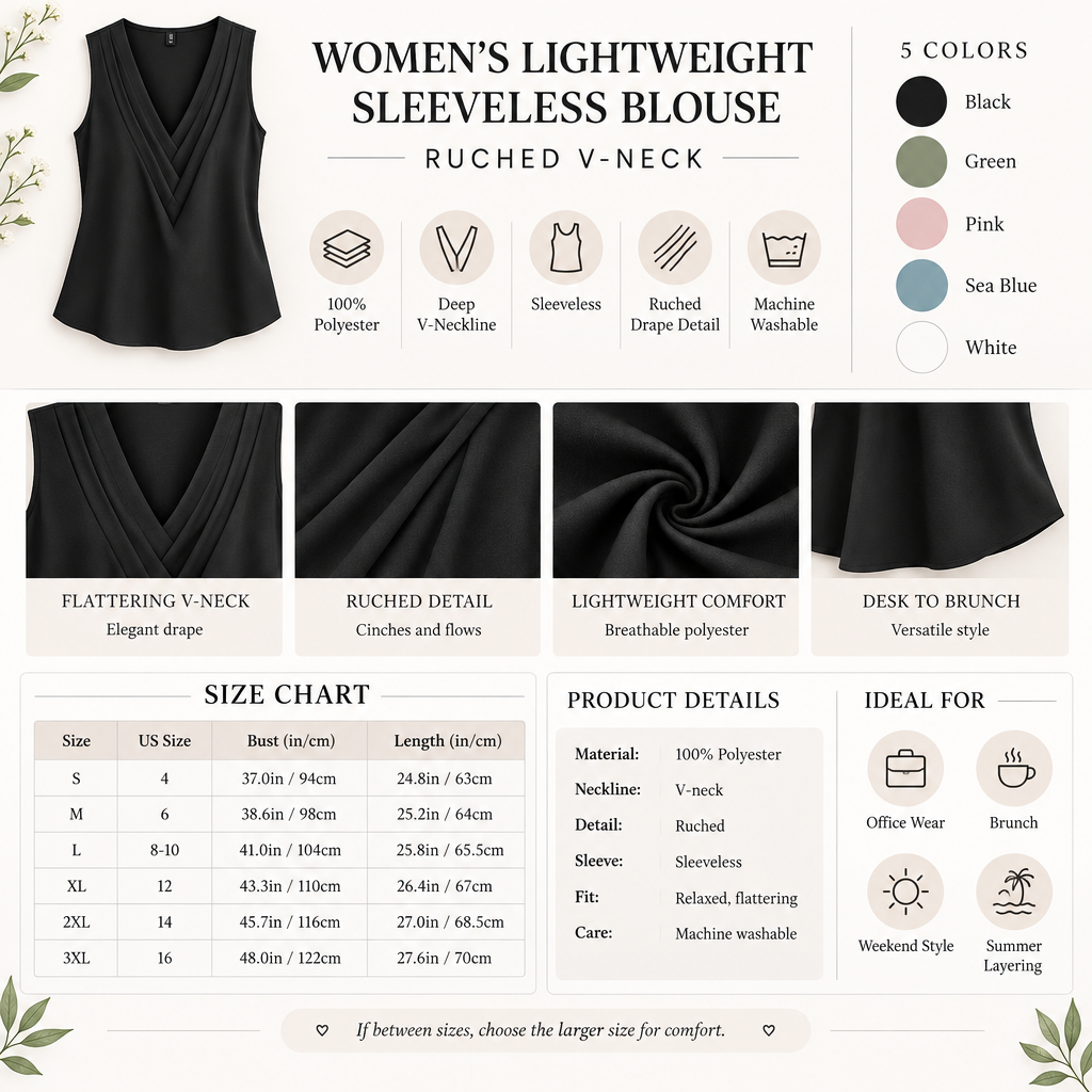 Women's Sleeveless Ruched V-Neck Blouse Infographic