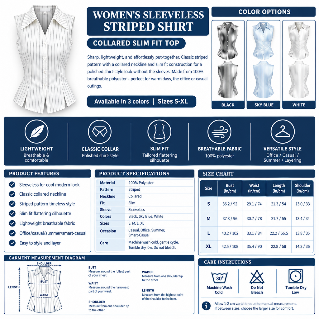Women's Sleeveless Striped Shirt Infographic - No Model