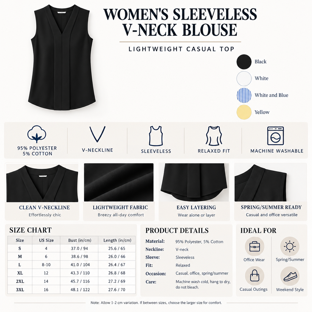 Women's Sleeveless V-Neck Blouse Infographic