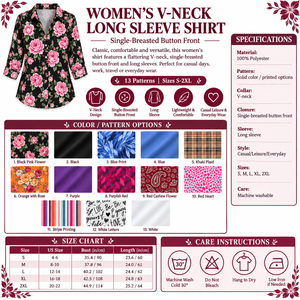 Women's V-Neck Long Sleeve Shirt - Corrected Infographic