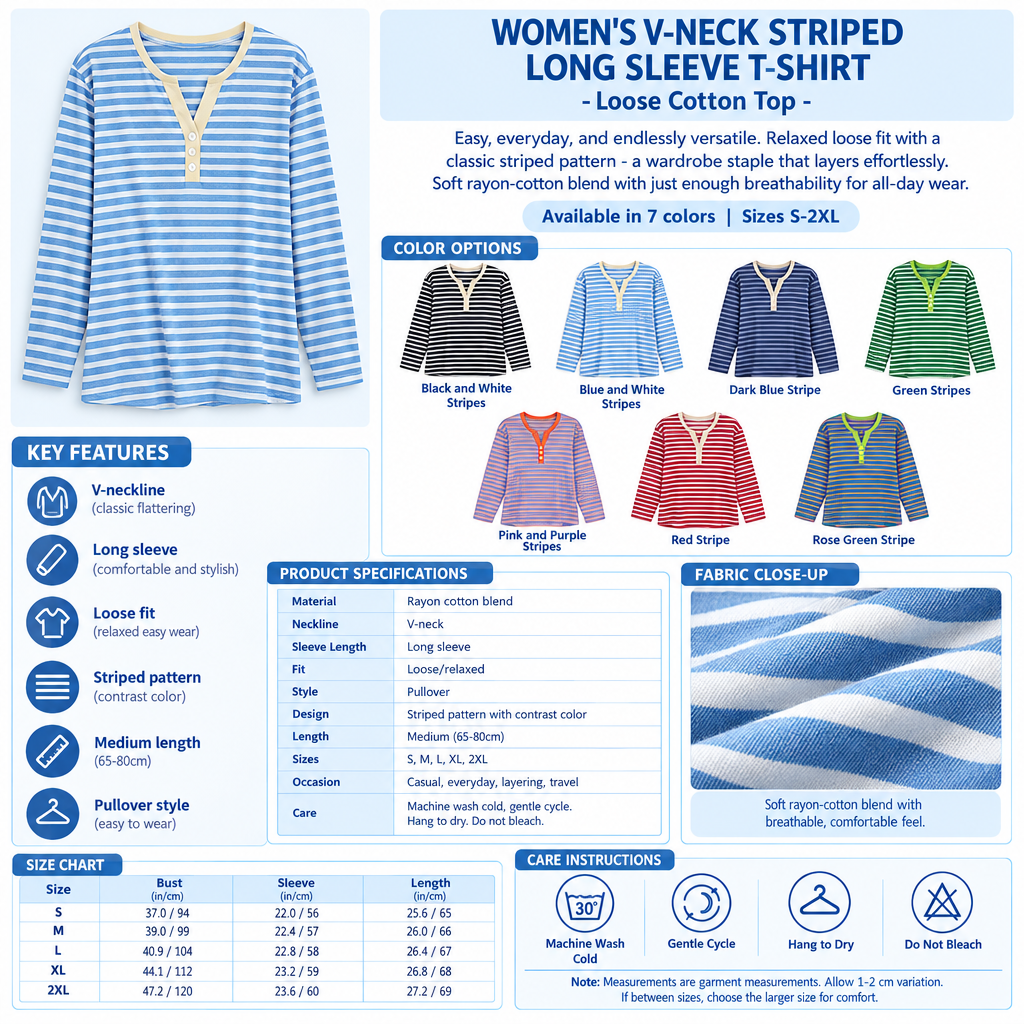 Women's V-Neck Striped Long Sleeve T-Shirt Infographic - No Model