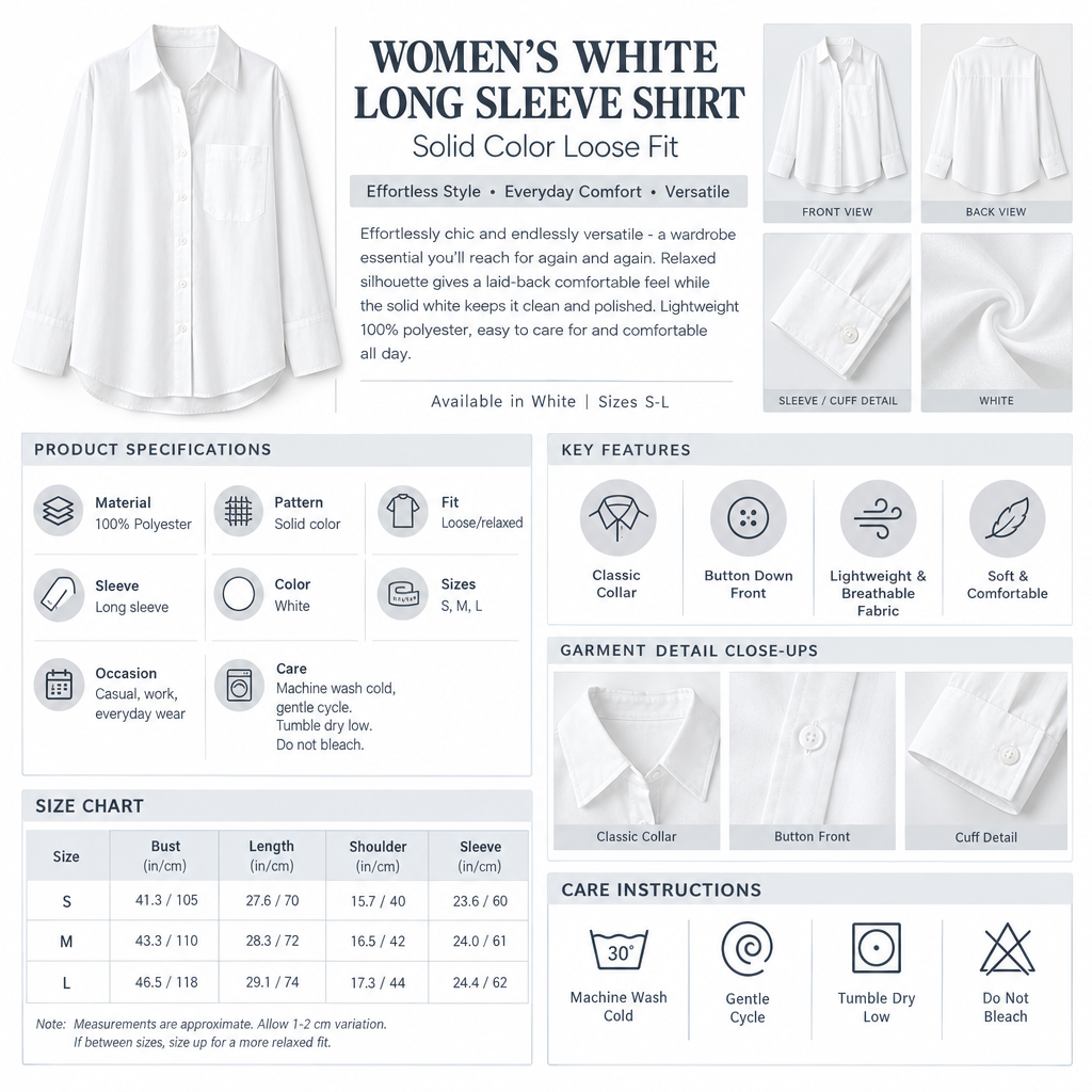 Women's White Long Sleeve Shirt Infographic - No Model